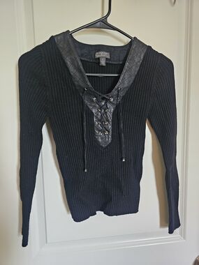 Classiques Entier Black Ribbed Long Sleeve Knit Top with Leather Lace-Up V-Neck